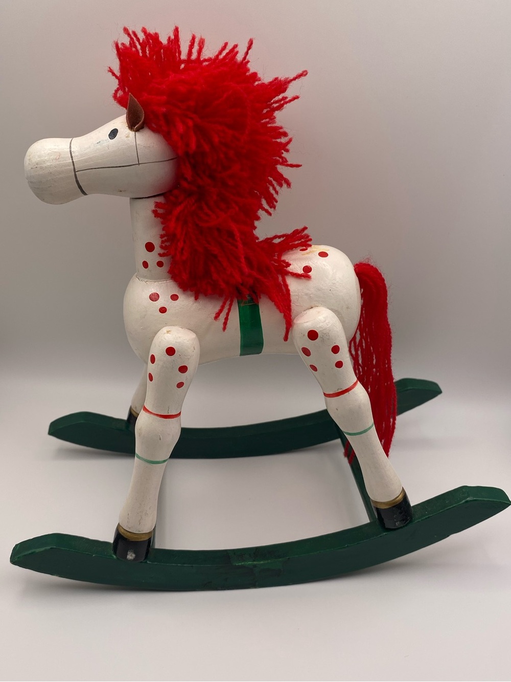Vintage Wooden Rocking Horse Figurine with Red Yarn Mane
